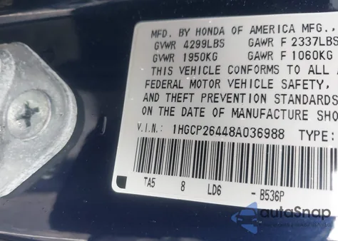 2008 Honda Accord 2.4 Lx-P from USA, damaged, VIN 1HGCP26448A036988